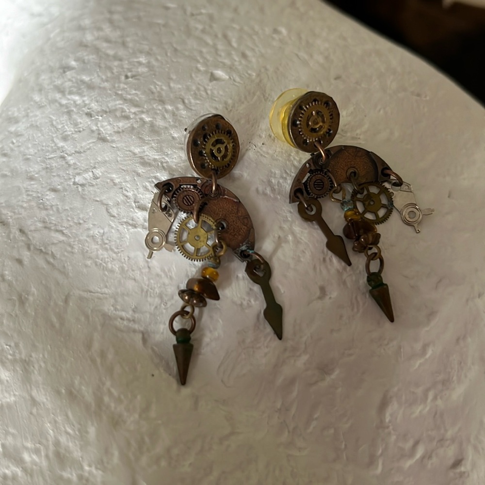 Steampunk Watch Clock Dangle Earrings Post Gears … - image 3